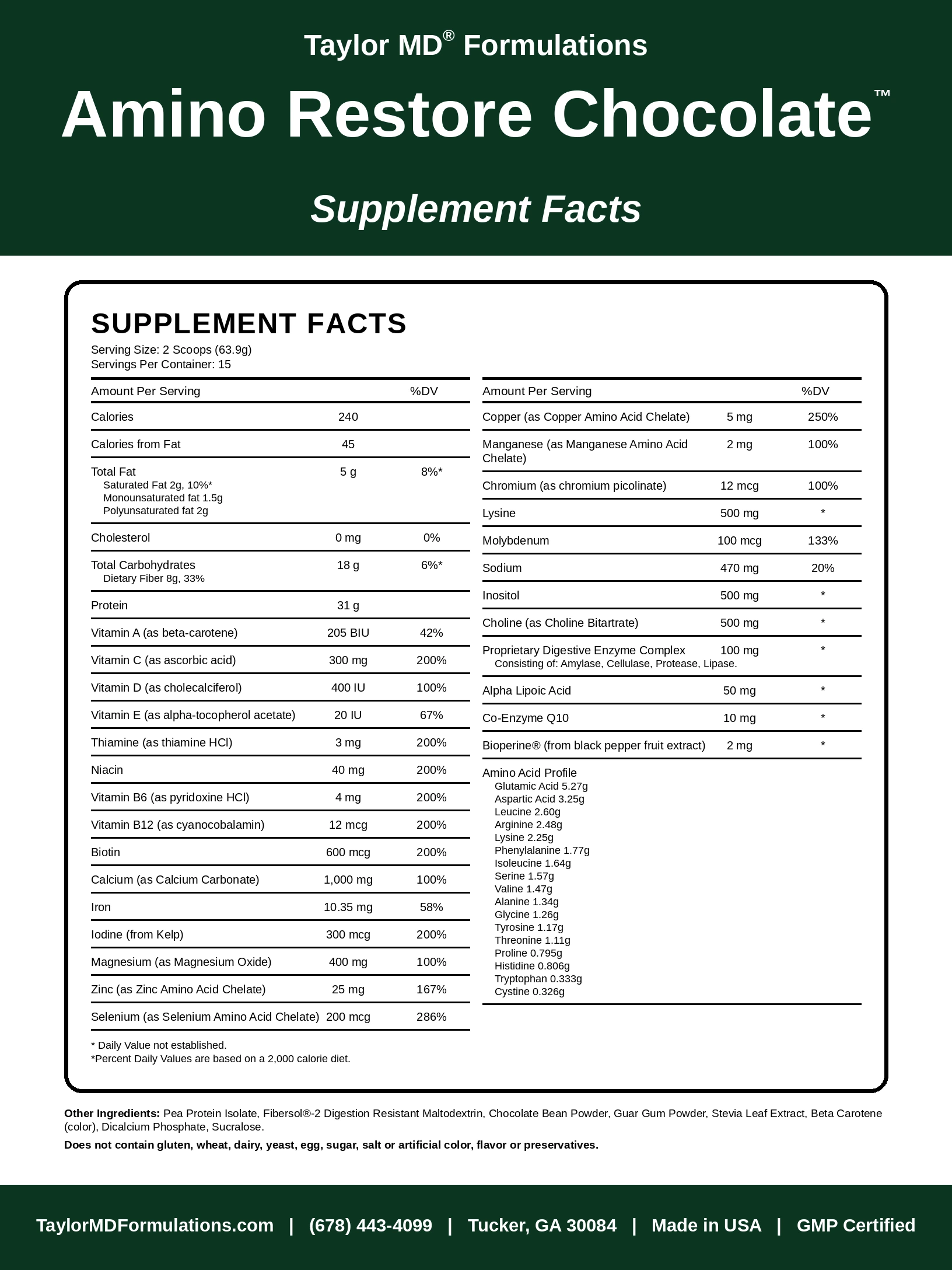 Amino Restore Chocolate™ — supplement facts